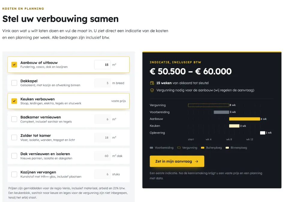 De tool "Stel uw verbouwing samen" op voorbeeldsite Maasbaak Bouw