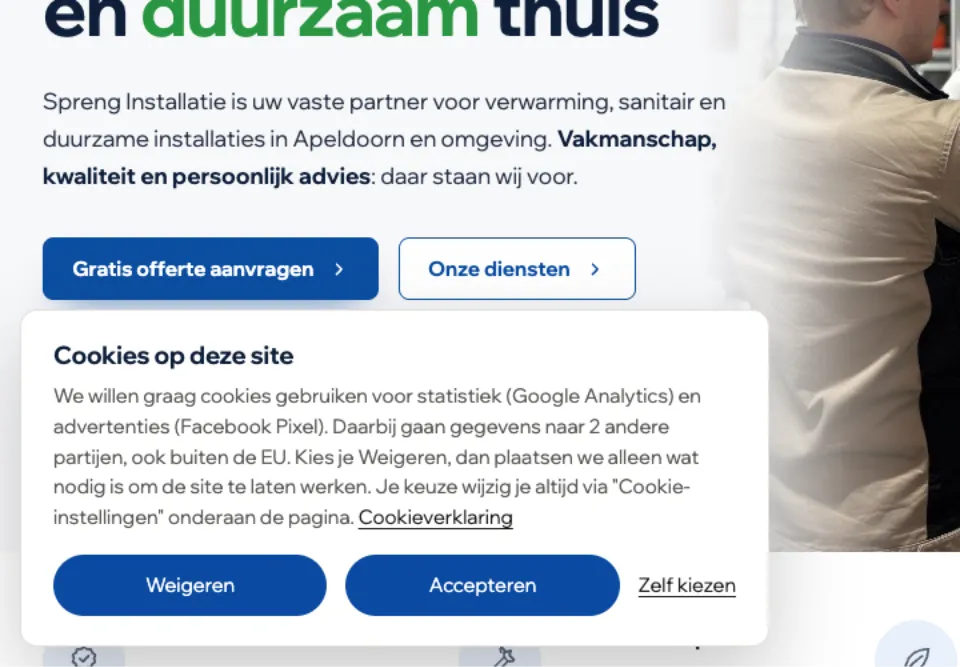 Voorbeeld: cookiemelding op een oefensite